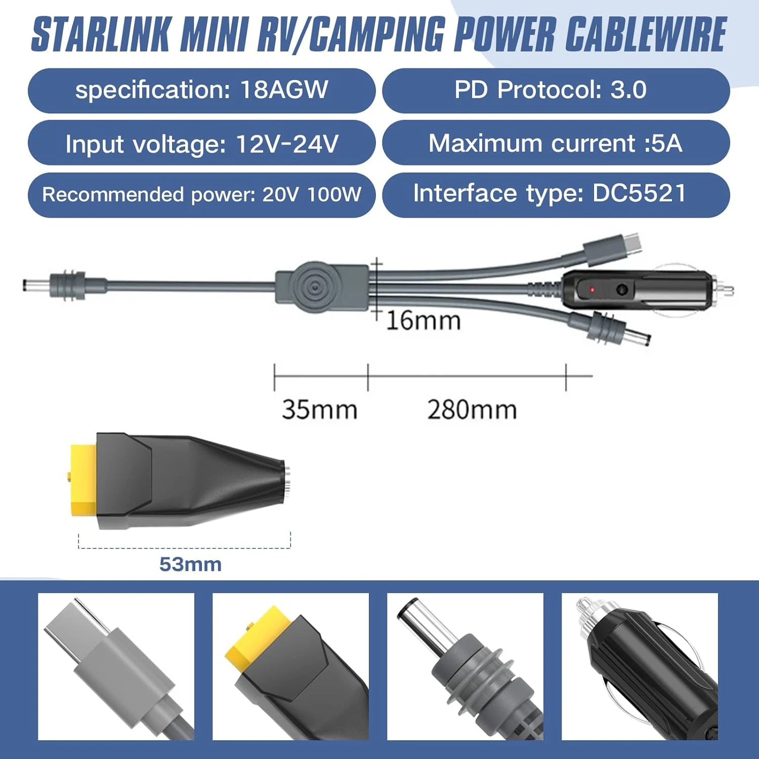 Starlink Mini 3-in-1 Power Cable 100W USB C/Cigarette Lighter/DC Cord, Waterproof 18AWG - with XT60 Adapter - Plug-and