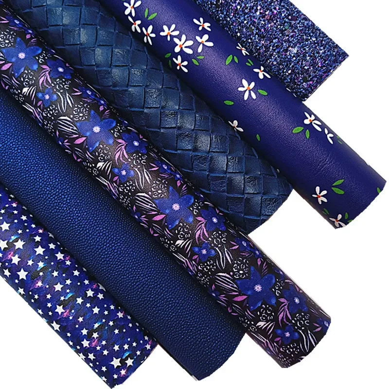 Blue Glitter Leather Sheest Flowers Printed Synthetic Leather Fabric Sheets Weave Faux Leather for DIY Craft 8.2