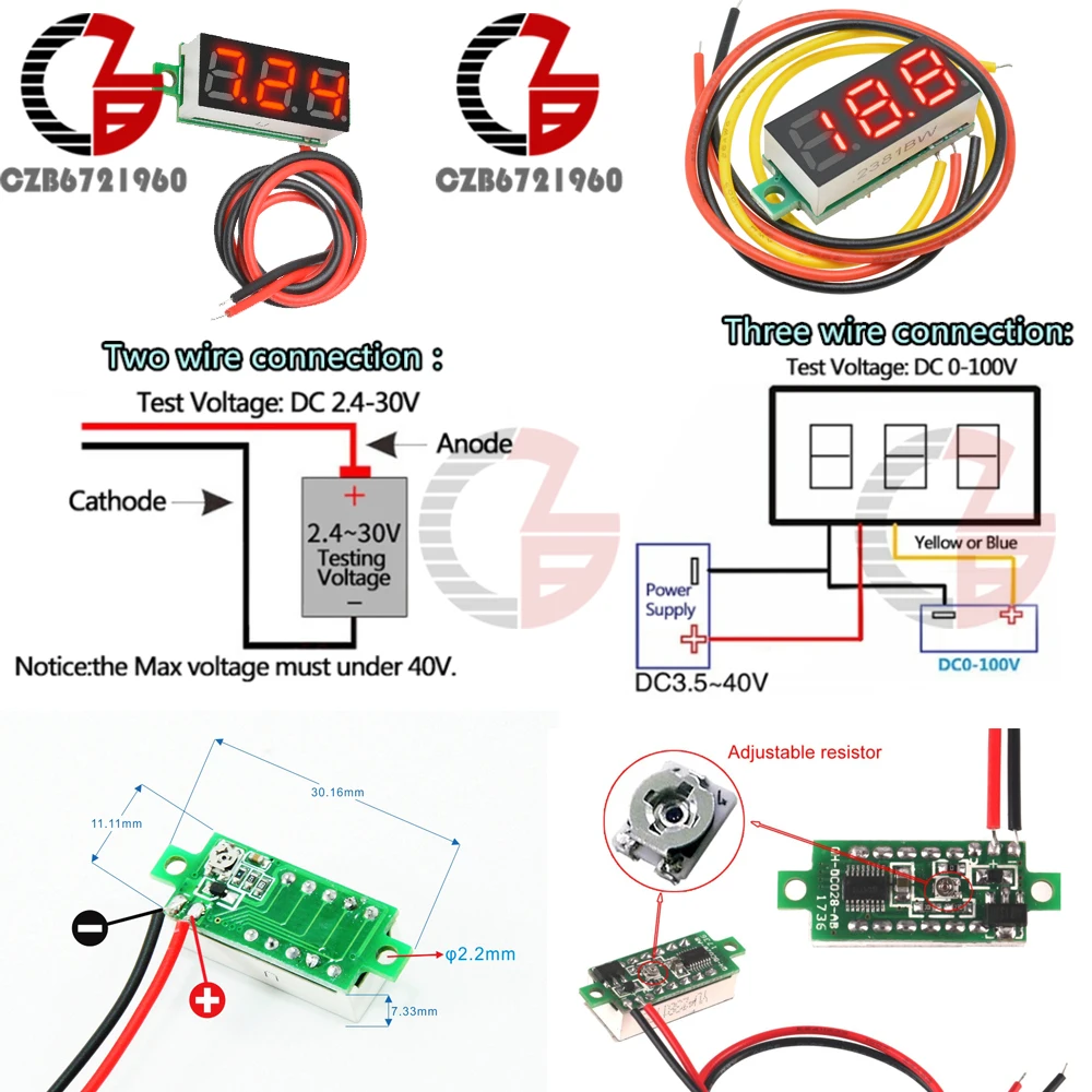 DC 0V-100V 0.28 Inch LED Digital Voltmeter Voltage Meter Volt Detector Monitor Tester Panel Car 12V 24V Red Green Blue Yellow