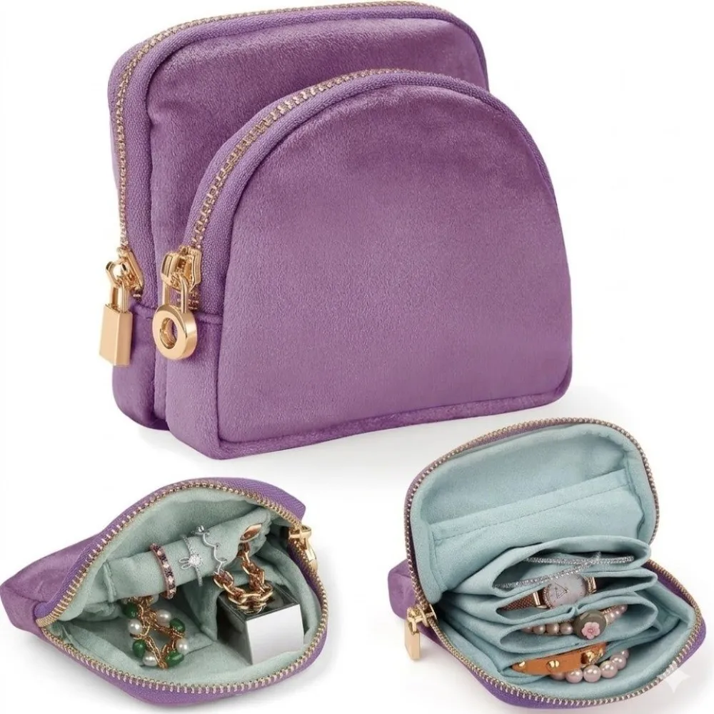Portable Soft Velvet Travel Jewelry Case Slim Size 2-in-1 Jewelry Storage Bag Dustproof Detachable Jewelry Organizer
