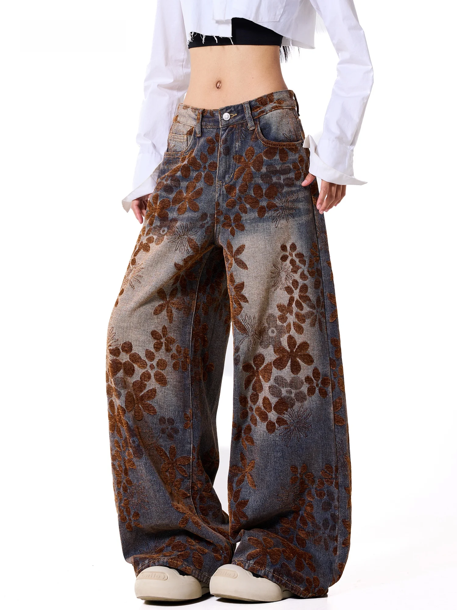 Autumn Floral Velvet Fleece Wide Leg Denim Jeans Women's Retro Long Pants High Waist Zipper Closure Comfortable Breathable Co...