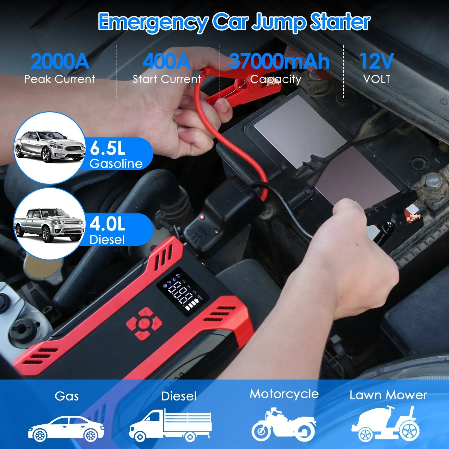 Car Jump Starter with Air Compressor Portable Car Battery Booster with Digital Tire Inflator with 2000mAh Peak Current for