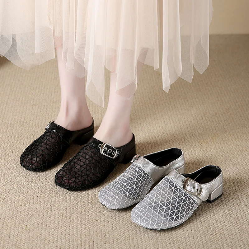 Damen-Maultiere, Hausschuhe, 2025, Sommer, klobiger Absatz, Freizeitschuhe, Damen, atmungsaktive Mesh-Hausschuhe, Damen-Designer-Sandalen mit Schnalle und Dekor