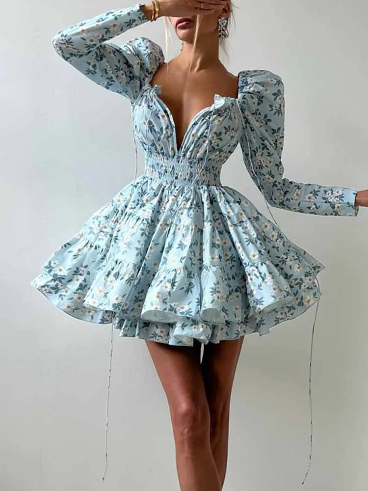 

BKQU женское платье с цветочным принтом на шнуровке, сексуальное мини-платье с длинными рукавами и оборками, осень 2022, повседневные тонкие платья трапециевидной формы для отпуска
