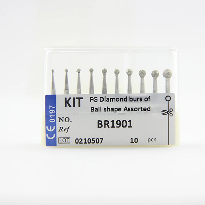 LODDEN 10 Stück/Boxen BR1901 Diamantbohrer in Kugelform, sortiert in FG-Schaft, gemischtes KIT, 1,6 mm, mittelgroße Bohrer, Zahnarzt-Schleifwerkzeuge – Detail 1