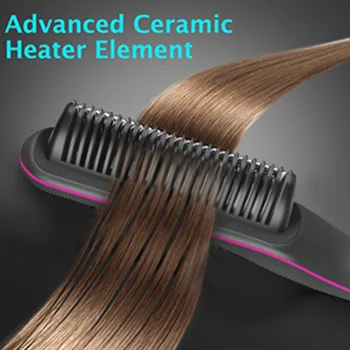 Image Ceramic Ionic Hair Straightener Brush for Home Salon, Anti-Scald Heating Comb with Universal Dual Voltage, Rotatable Power Cord