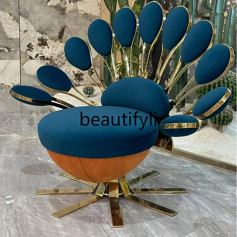 Light luxury sofa chair single living room art peacock open screen stainless steel leisure armrest villa