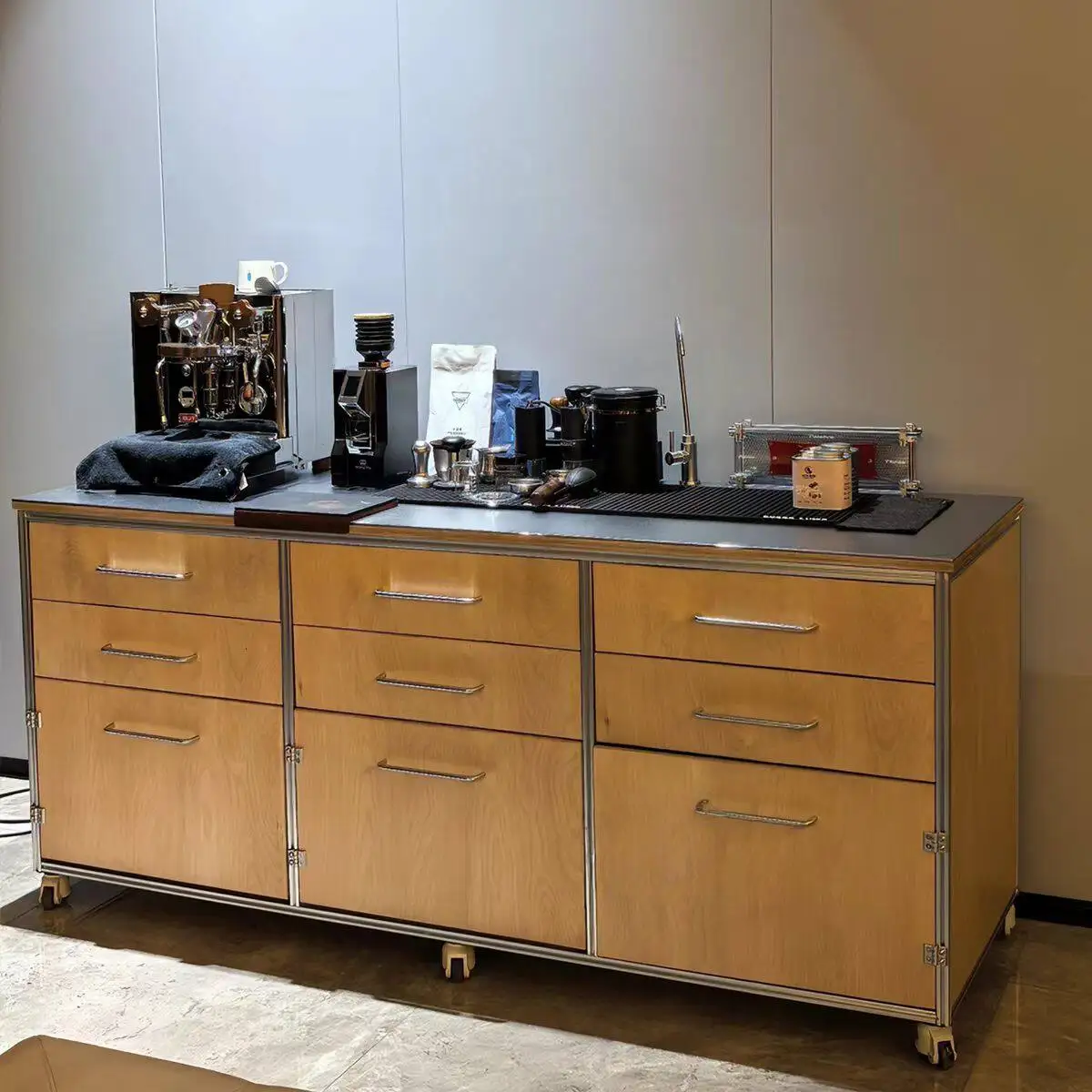 YJQ aluminum profile storage cabinet stainless steel countertop coffee shop console industrial style dining side cabinet