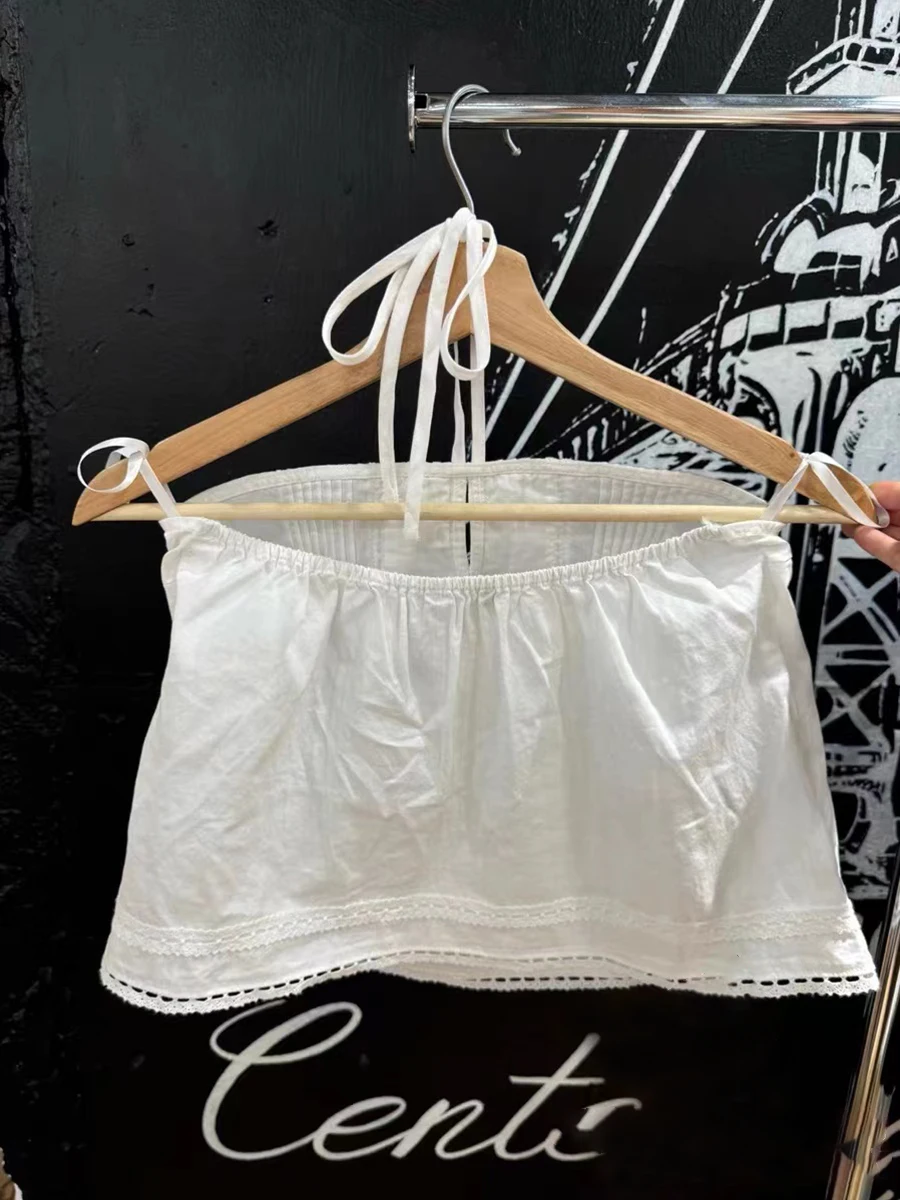 Süße weiße Spitze träger lose Tanktops Frauen sexy rücken freie Baumwolle Knöpfe Neck holder Leibchen solide Vintage niedlichen Sommer Ernte Top y2k