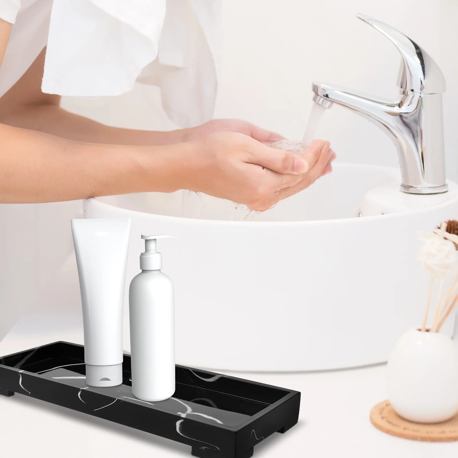 

Elegant Marble Style Resin Vanity Tray Rectangle Countertop Organizer Soap Dispenser Bathroom Decor Desk Tray Bathroom Trays