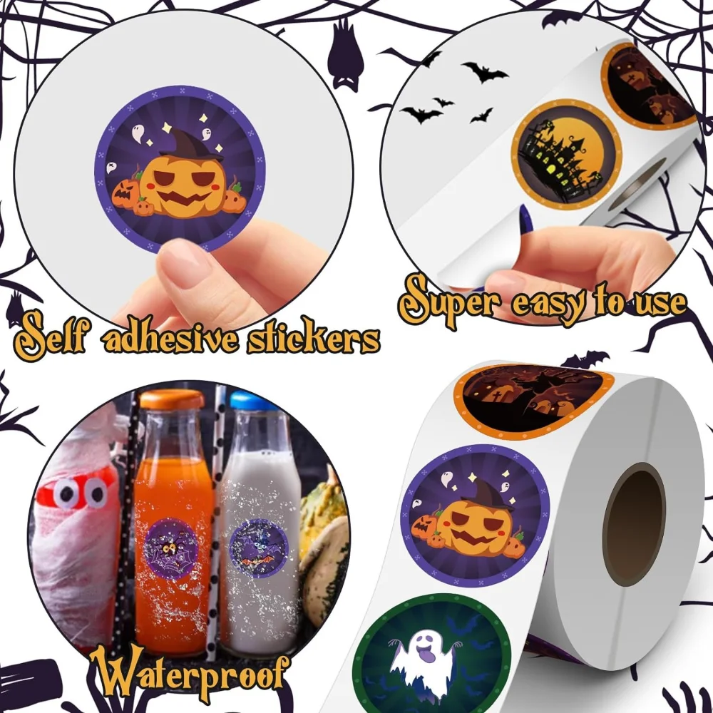 500pcs/Roll DIY Halloween Stickers Ghost Pumpkin Design Sealing Packaging Stickers For Halloween Holiday Gift Baking Decorations