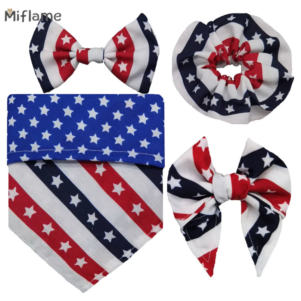 Miflame Independence Day Small Dog Festive Party Kit Chihuahua Yorkies Handsome Slobber Bib Collar Bow Hair Tie For Pet Supplies