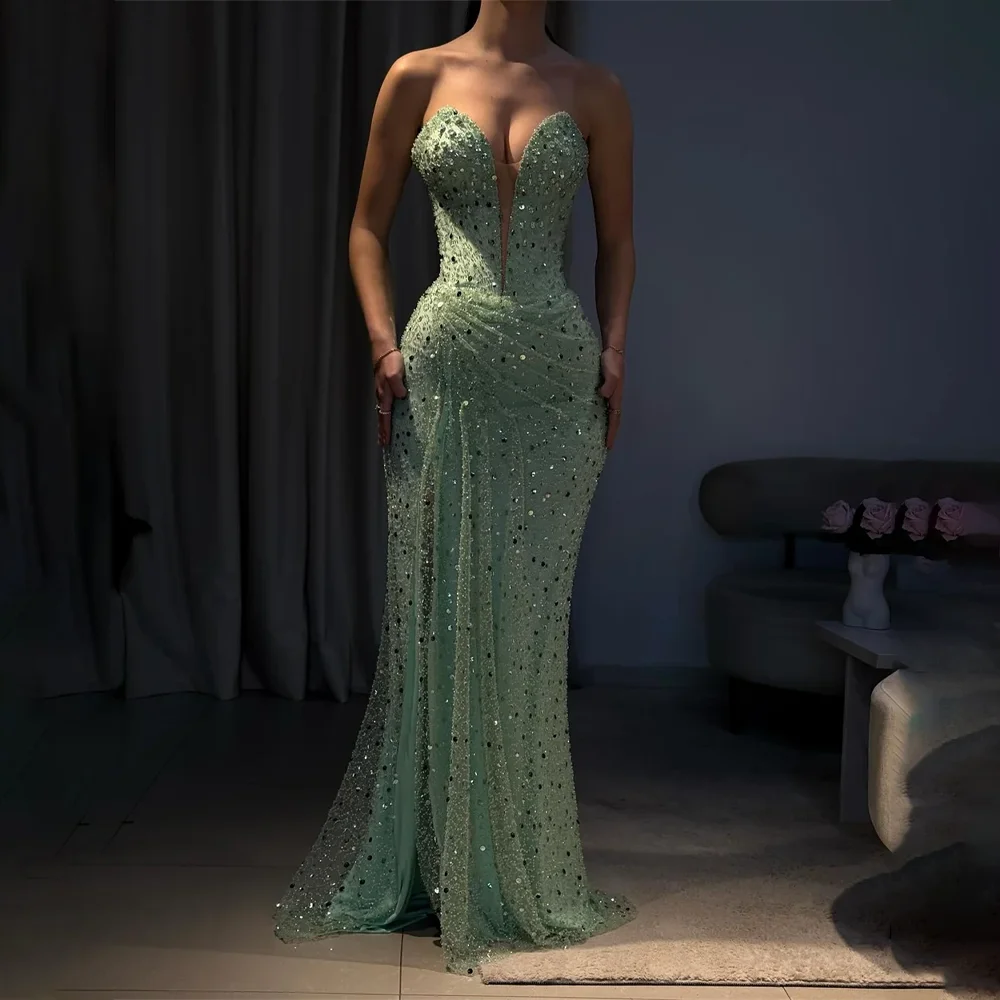 MANRUIXIN مخصص بلينغ حورية البحر فستان حفلة موسيقية حجم كبير بلا أكمام كريستال عالية الشق مطرزة مطوي فستان طويل امرأة دي غالا