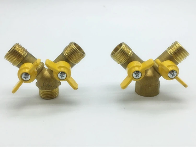 1-to-2 brass valve with switch, three-way water pipe, dual outlet diverter, internal and external thread fittings, 1/2 inch
