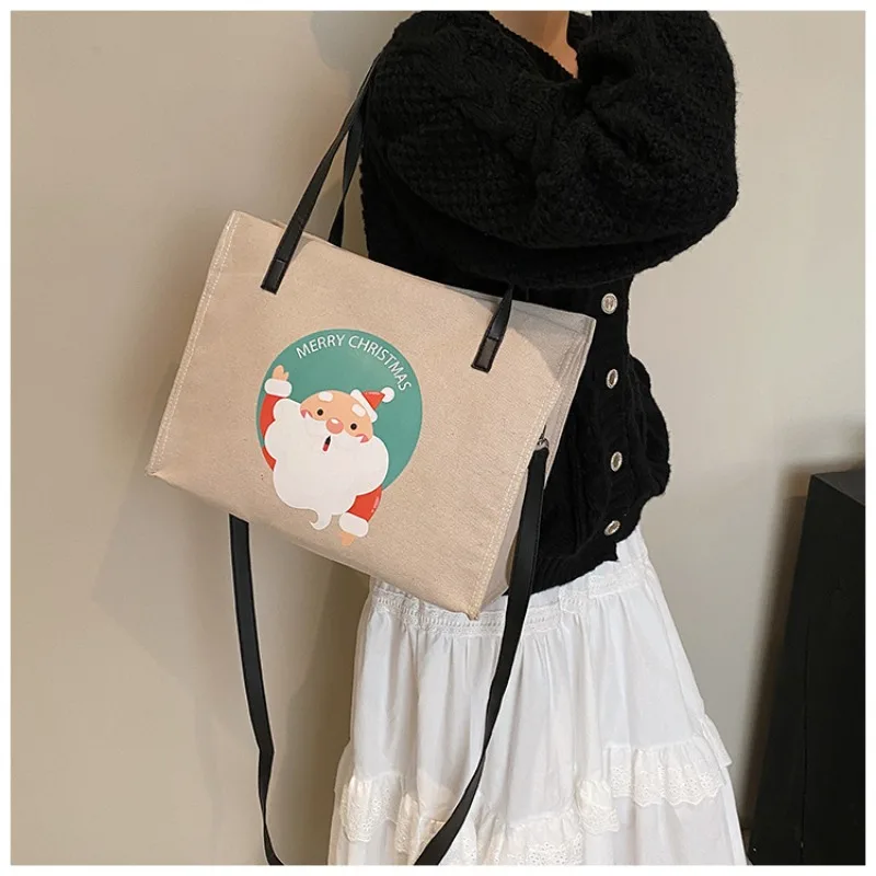 Christmas Colorful Printed Shoulder Bag Women's Fashion Large Capacity Crossbody Canvas Bag Halloween Candy Bag