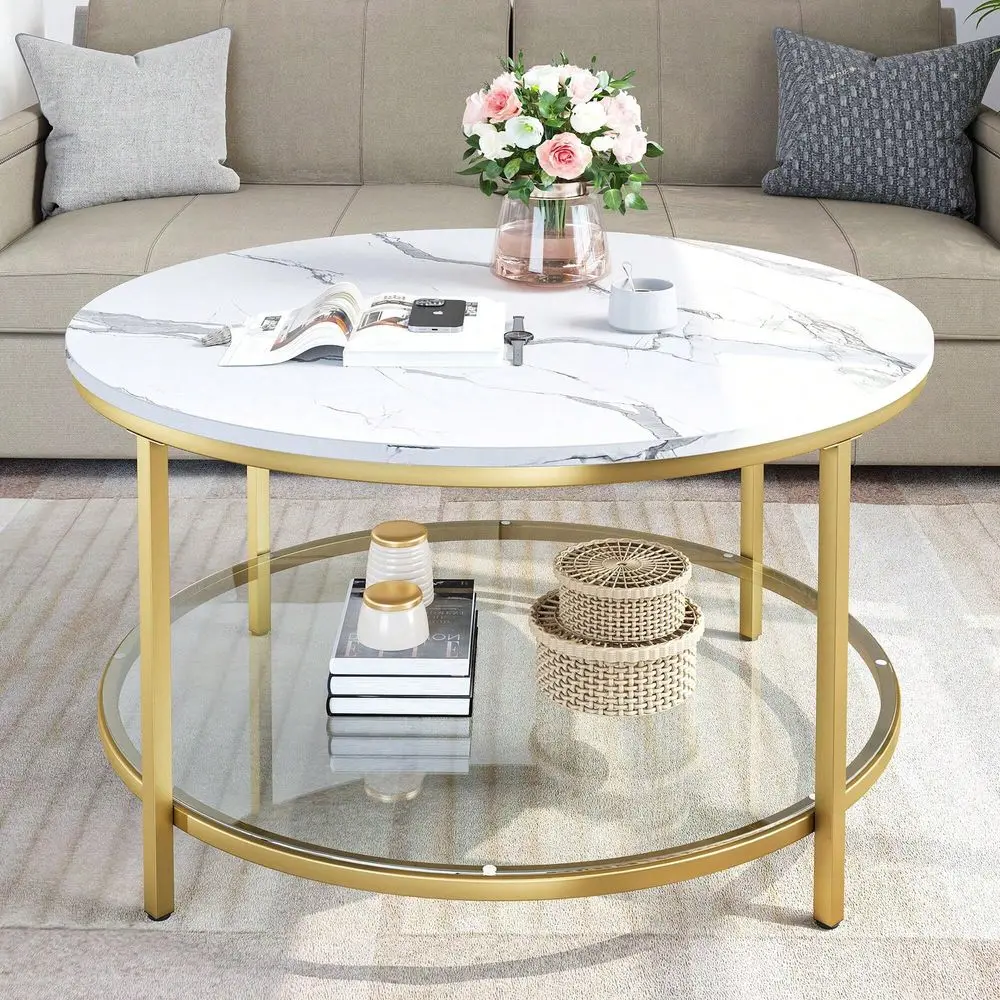 

Tier Round Coffee Table Faux Marble Top With Glass Shelf Modern Center Cocktail Table For Living Room