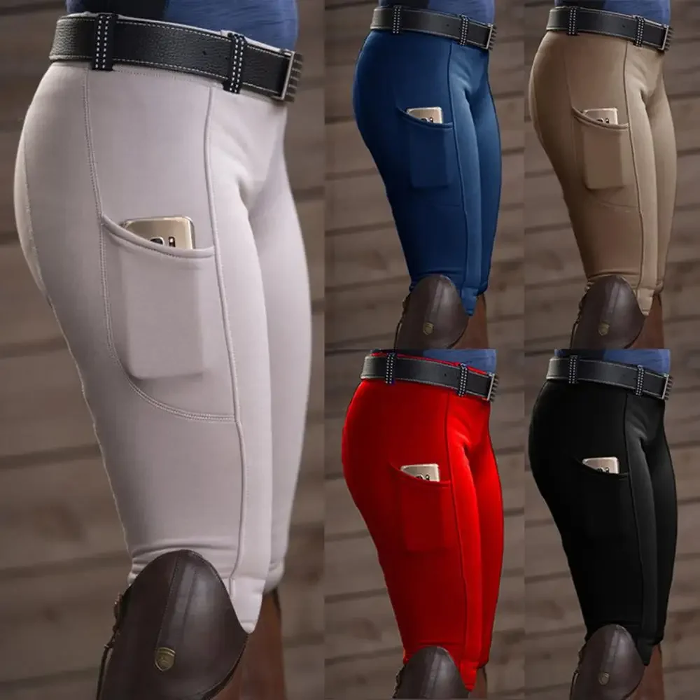 Pants Solid Color Elastic Women Trousers Pocket Hip Lift Equestrian Horse Racing Trousers Horse Riding Clothes