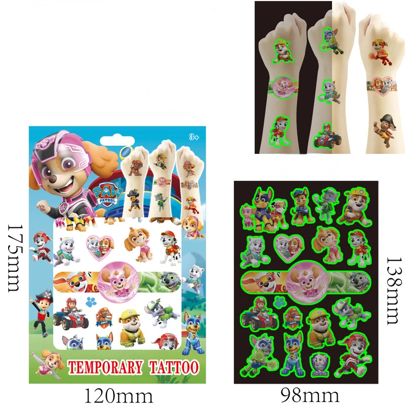 Juego de caja de regalo de la patrulla canina para niños, tatuaje luminoso, pegatina para brazo y cara, tatuaje brillante para el cuerpo, Ryder