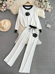 Women's Knitted Sets Tracksuit Pants Suits Autumn New Long Sleeve Flower Pullover Sweater + Wide Leg Pants Casual Two-piece Sets