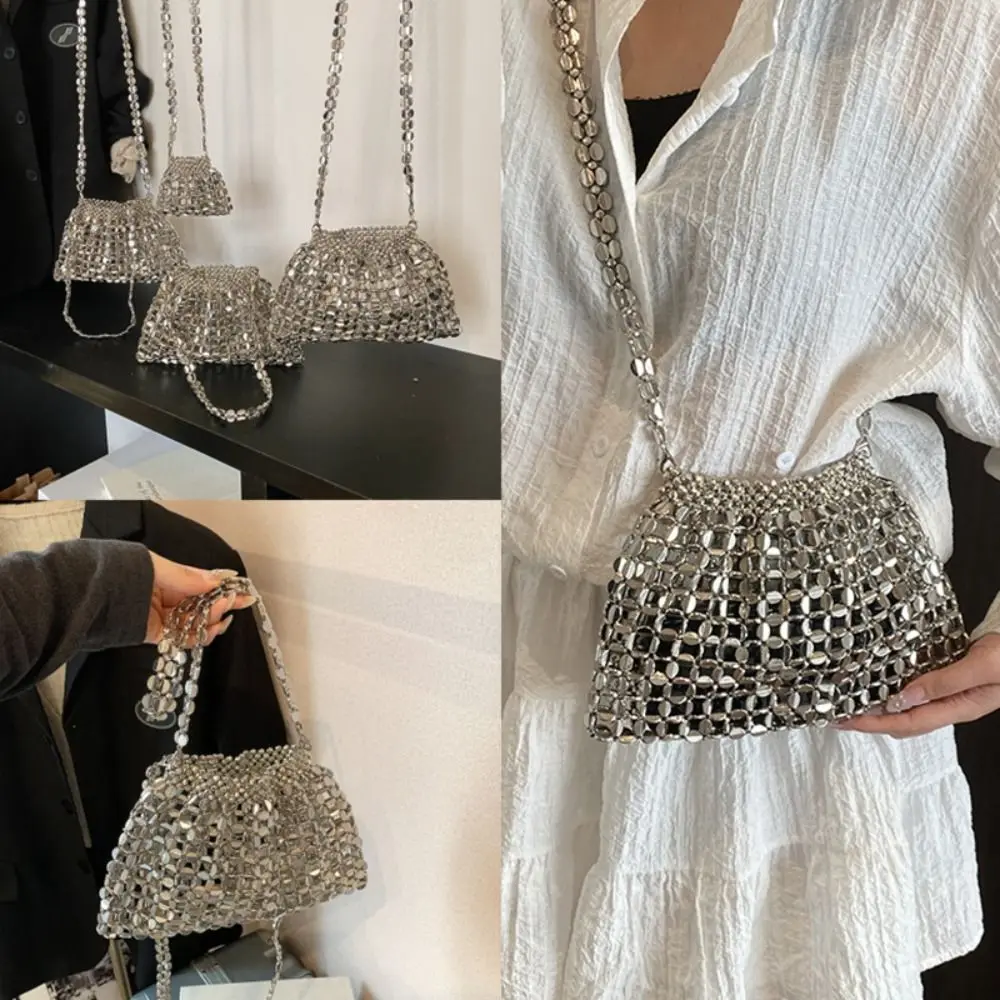 Torebka wieczorowa z cekinami, elegancka torebka pod pachę, błyszcząca torebka na ramię, mini torebka, pleciona torebka z koralikami, torebka crossbody na wesele