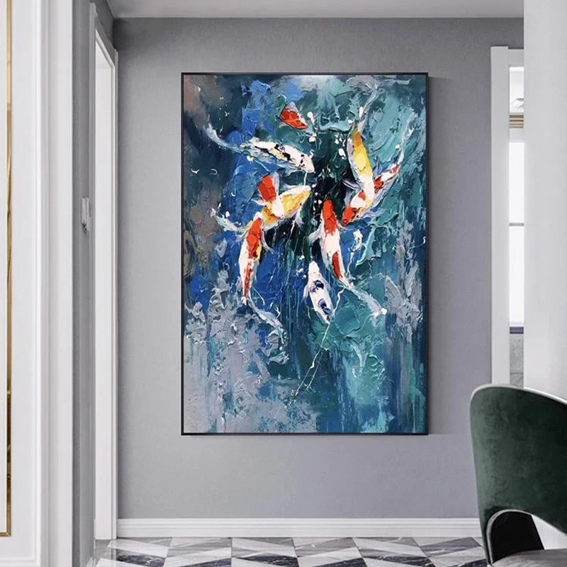 Imagem -03 - Pintura a Óleo Artesanal sobre Tela Original Abstrato Peixe Animal Wall Art Living Room Picture Decoração de Casa Unframe Ouzerqing100