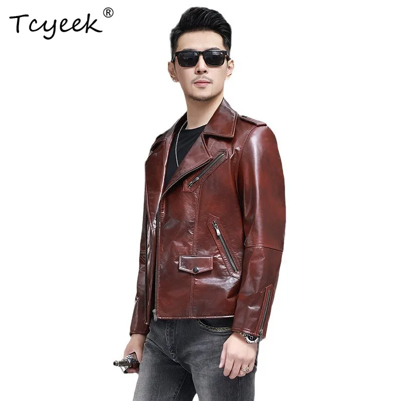 Tcyeek Real Leather Jacket Men Clothes Natural Cowhide Autumn Coat Men's Motocycle Jackets Trendy Zipper Wine Red Jaqueta Couro