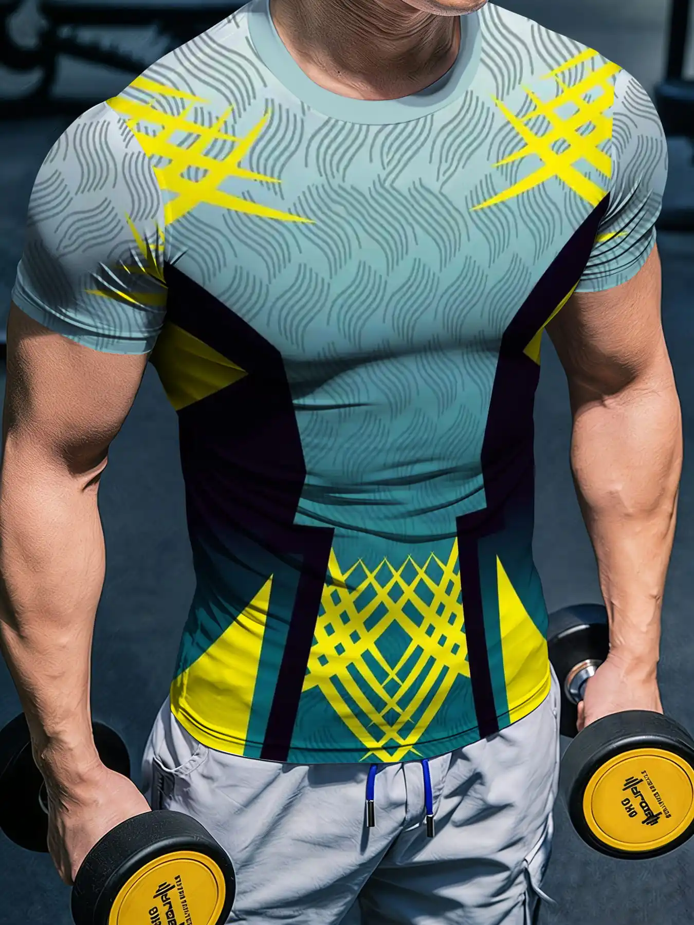 Men Quick Dry Compression Tee Cyan Yellow Geometric Print Gym Fitness Short Sleeve Top