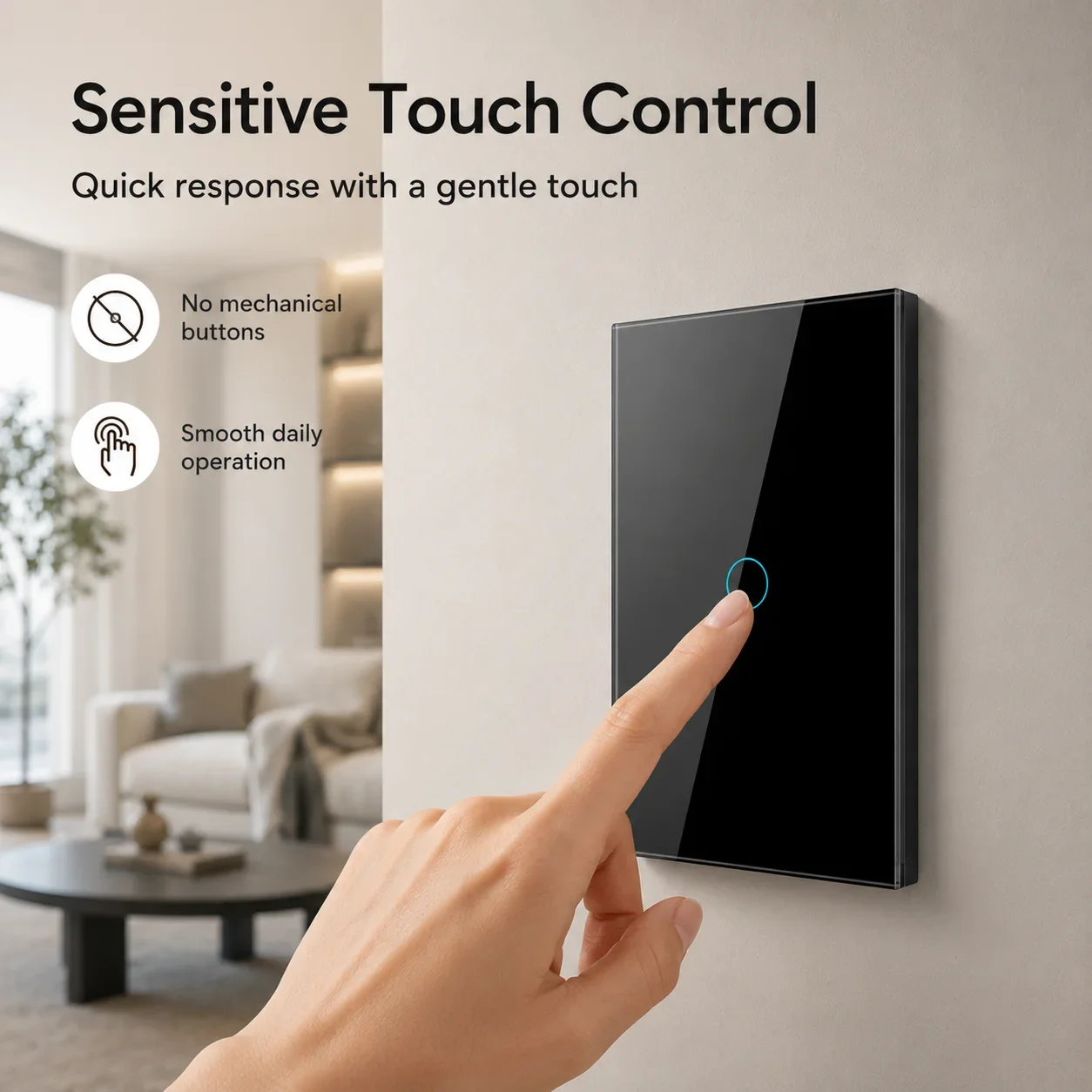 Touch Light Switch No Neutral Wire Required Tempered Glass Wall Switch 1/2/3/4 Gang LED Backlight Black White No WiFi for Home L