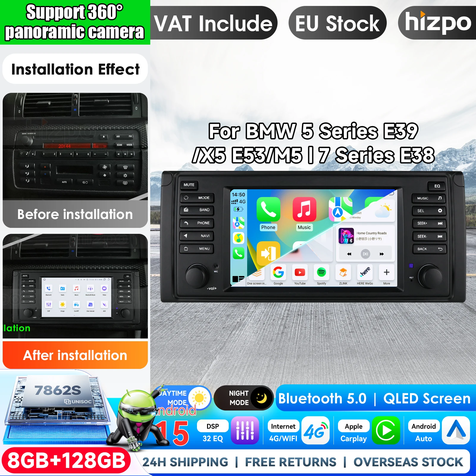 Hizpo 7 Zoll Android Auto Autoradio GPS-Navigation für BMW 5er E39 X5 E53 M5 1996-2003 Multimedia-Player Video 4G WIFI 2din DVD Wireless für Apple CarPlay Auto IPS Touchscreen Stereo