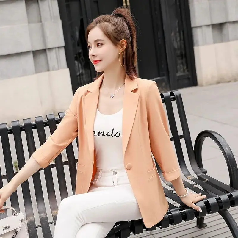 Office Lady Fashion Formal Solid Color Button Pocket Notched Loose Intellectual Three Quarter Sleeve Women's Clothing Summer