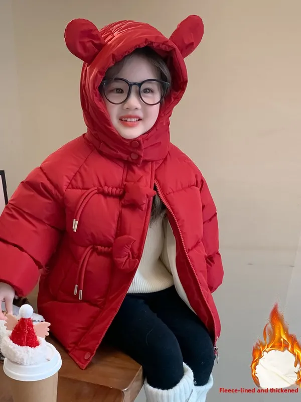 Meninas inverno fce forrado algodão jaet 2025 novo sle vermelho thi quente com capuz estrela lua algodão casaco outerwear para crianças