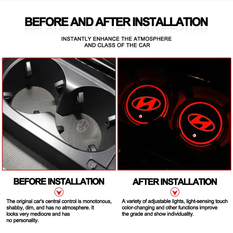 Car Luminous Water Cup Coaster Led Atmosphere Light Accessories For Hyundai Tucson 2016 Solaris IONIQ5 I30 Creta I35 I40 I20 I10