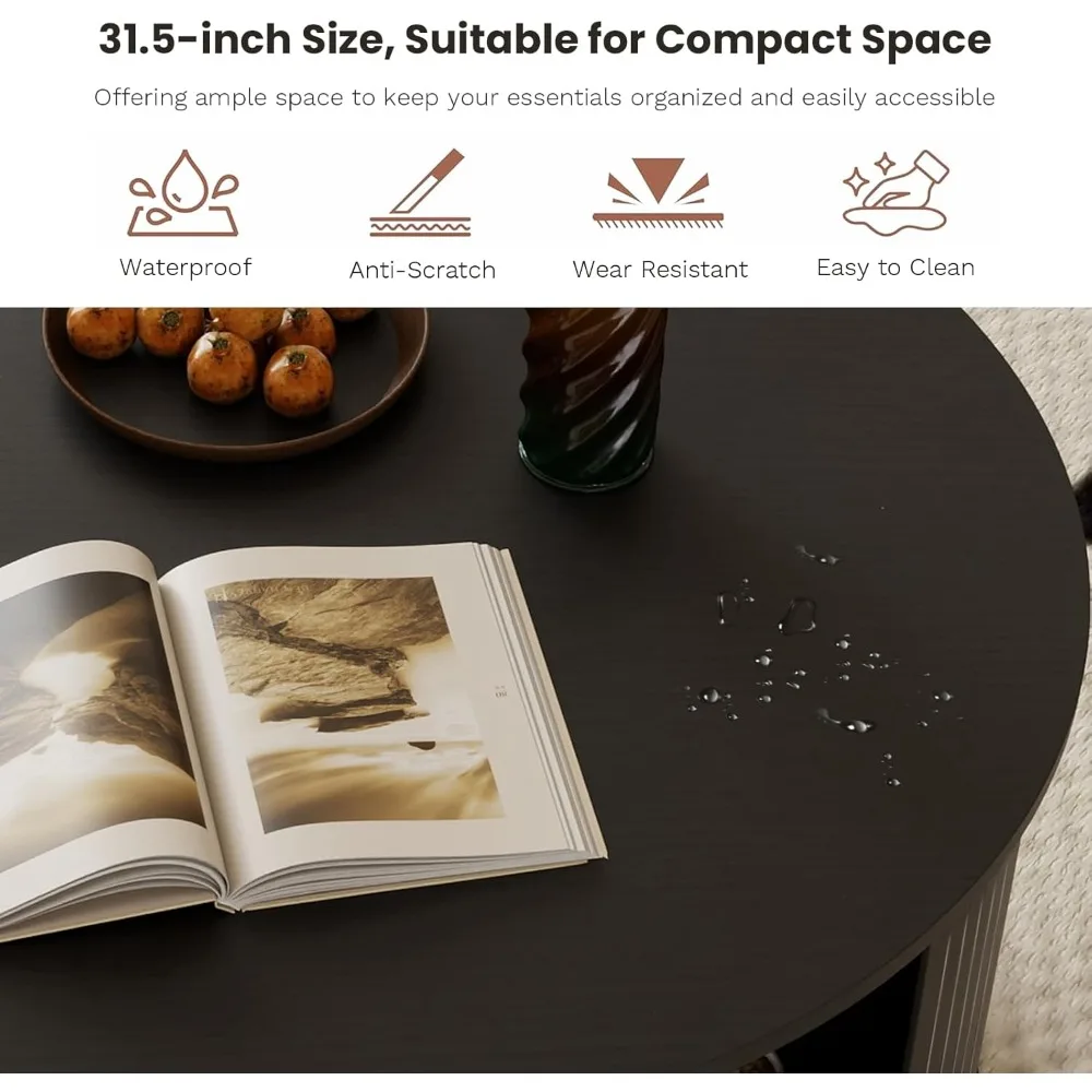 Mid Century Modern 31.5 Round Coffee Table with Fluted Design and Storage Shelf