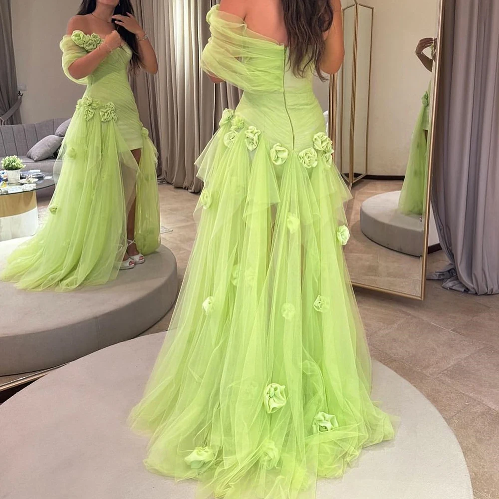 Exquisite Flowers Court Train One Shoulder Tulle Evening Dresses Fashion Straight Floor Length Short Sleeves Vestidos De Noche