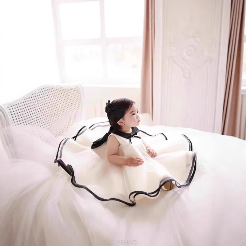 Party Dress Costumes Korean Style Girls Tulle  Bow  Collar Kids Flower Girl Gown Clothes First Birthday Dresses Children Black