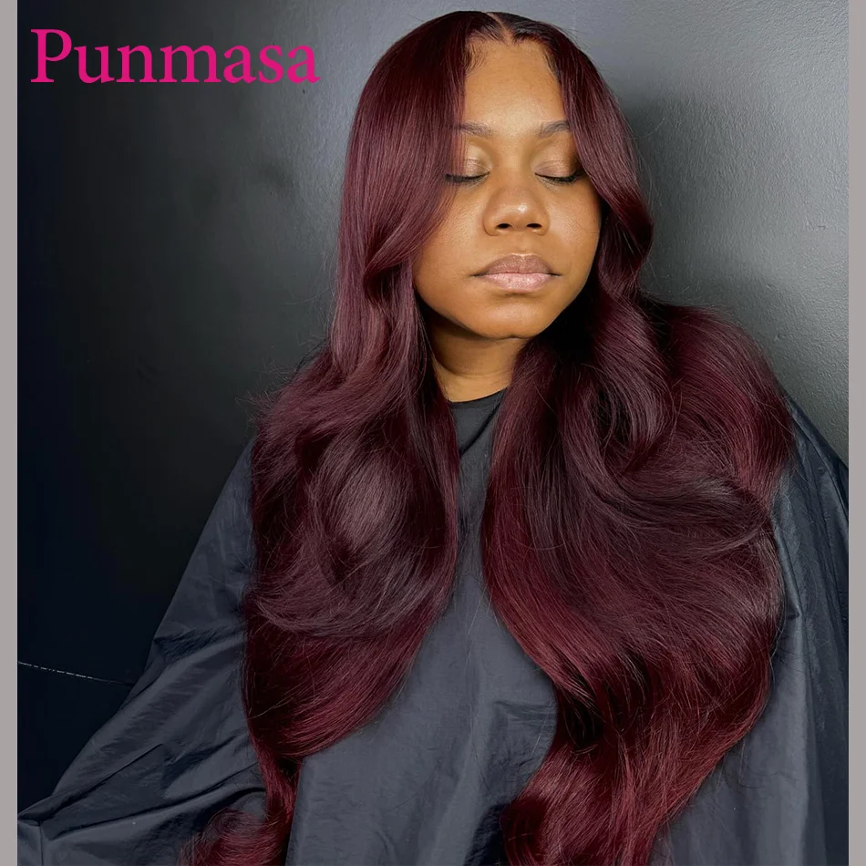 Punmasa-Peluca de cabello humano con encaje frontal transparente, postizo de color borgoña oscuro 99j peruano 200%, 13x4, onda corporal 13x6, 5x5