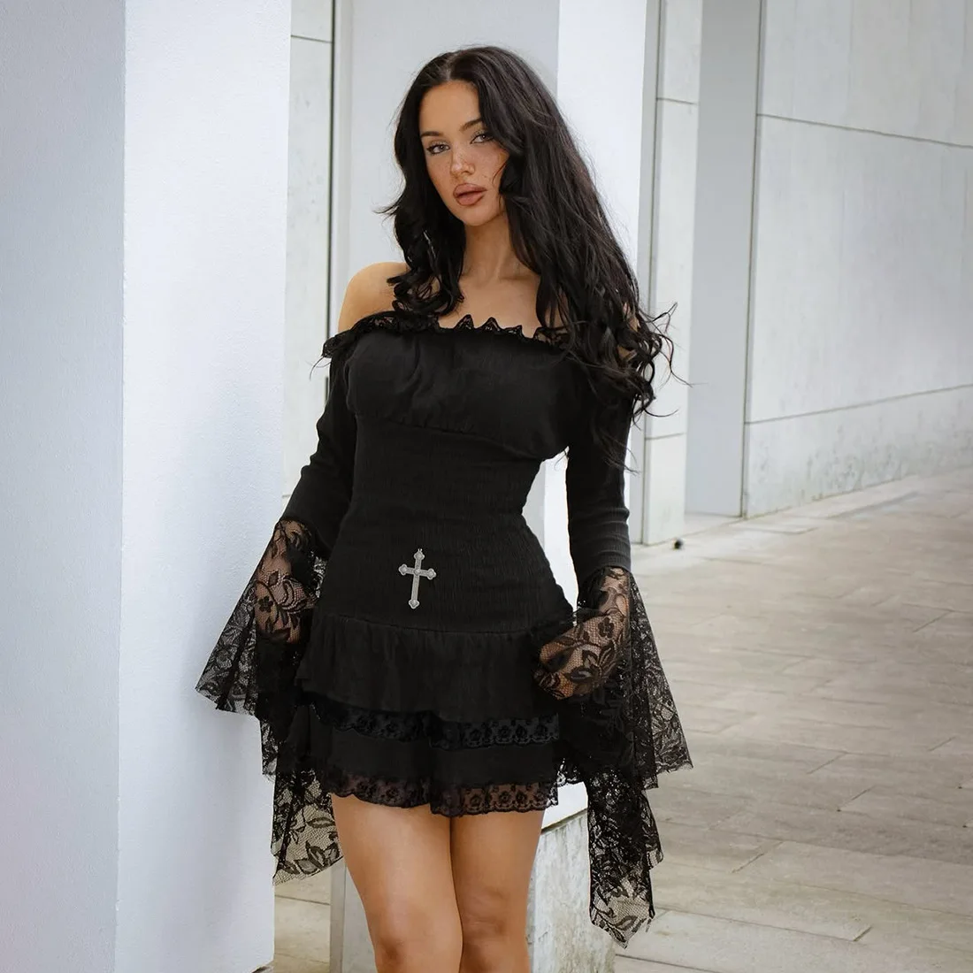 Halloween sexy rendas retalhos vestido curto feminino 2025 outono slash neck em camadas elástico ruched vestidos festa clube bodycon