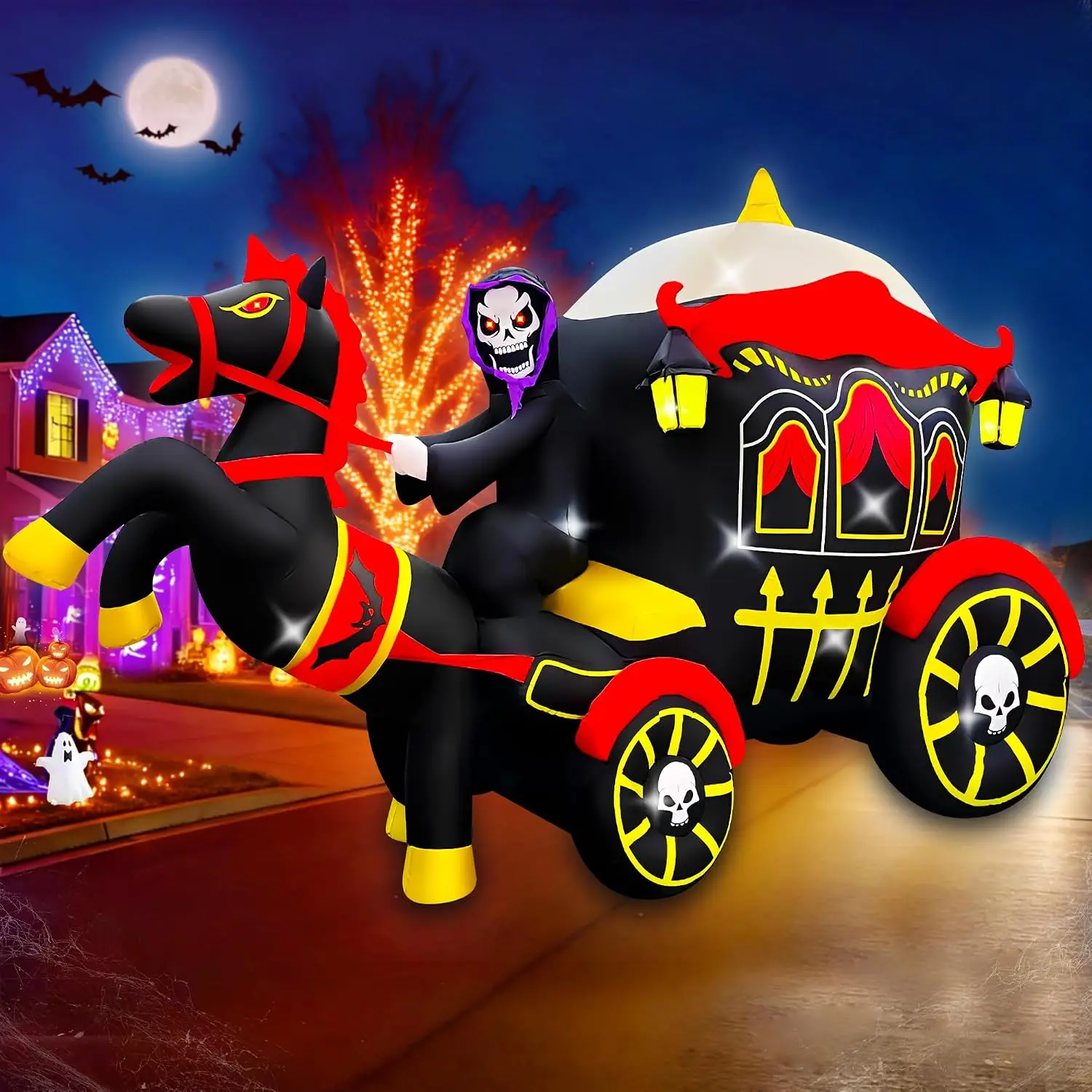 10FT Long Halloween Inflatable Horse Carriage Outdoor Decoration | Halloween Decoration Giant Blow Up Carriage with Grim Reaper
