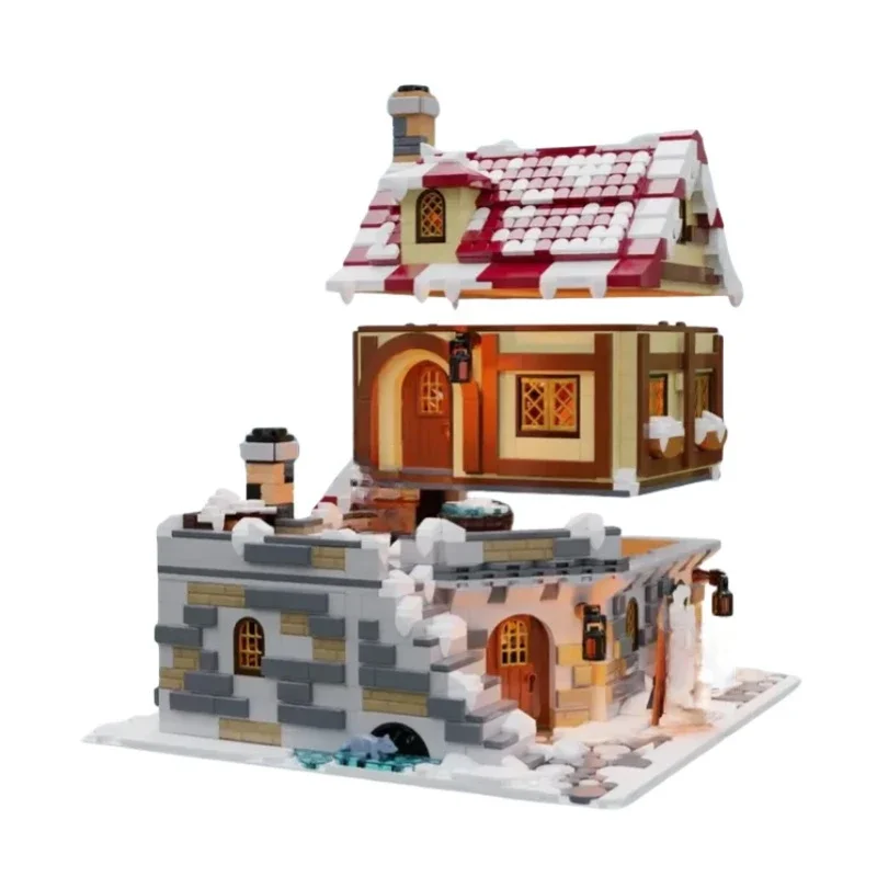 Modelo Medieval Street View, ladrillos de construcción MOC, la taberna bajo la nieve, tecnología, regalos, vacaciones, montar, juguetes para niños, traje