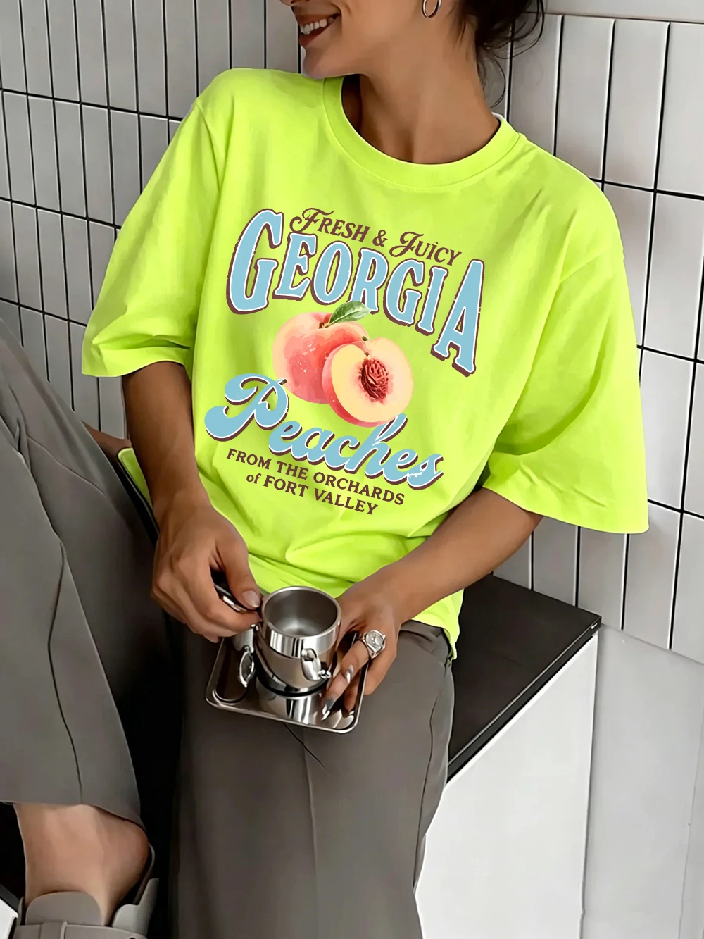 Fresh Juicy Georgia Peaches Prints T-Shirts Womens Cotton Summer Oversized Tops O-Neck Short Sleeve T Shirts Street Soft Clothes
