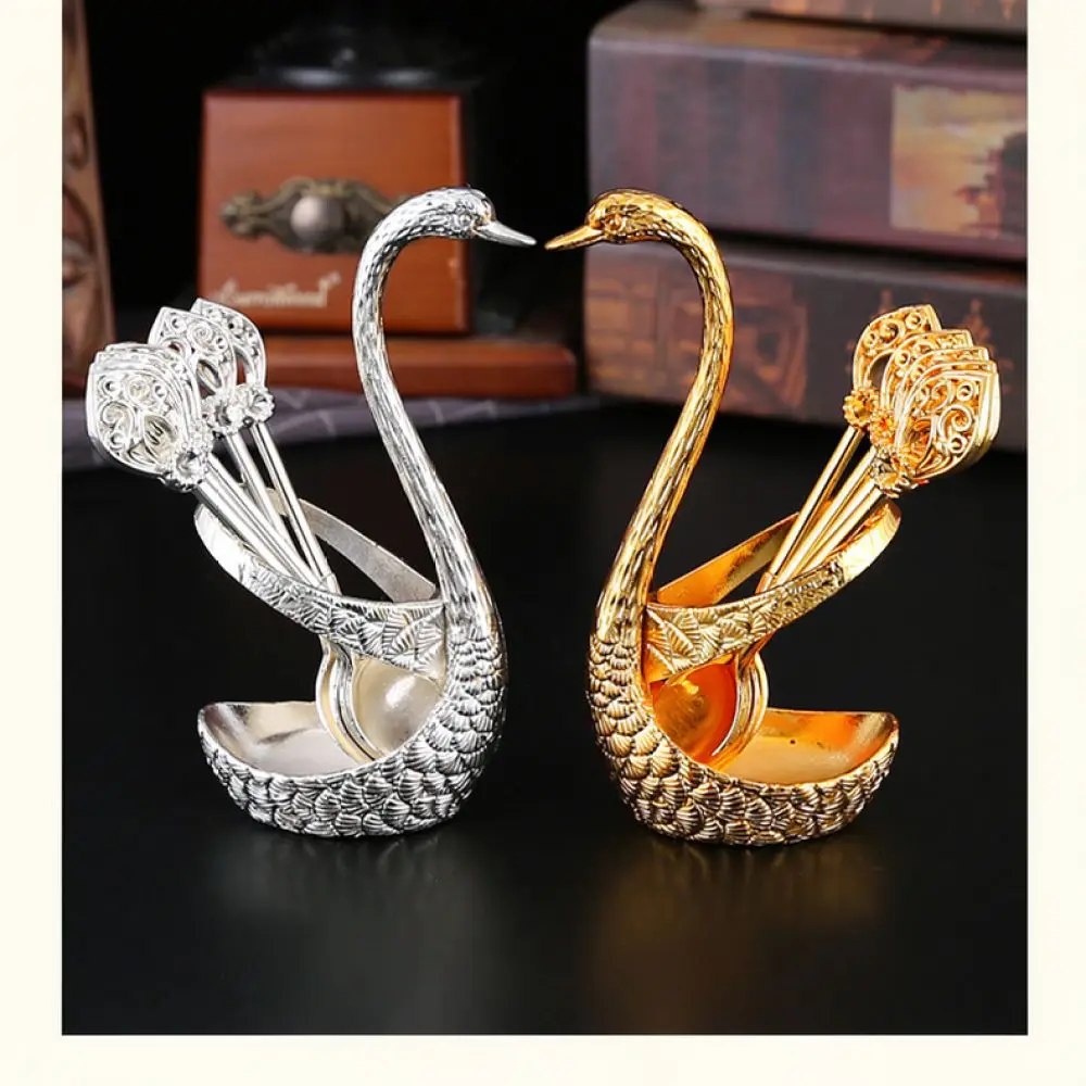 Elegant Metal Swan Holder With Teaspoons Modern European Flatware Set Creative Home Decor For Coffee Fruit Tray