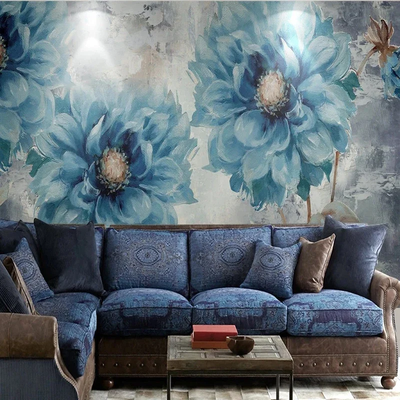 European Retro Oil Painting Blue Flowers Murals Wallpaper Living Room Bedroom Pastoral Background Wall Papel De Parede Tapety