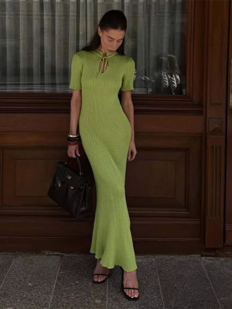 

Sexy O-neck Knitted Lace Up Maxi Dress Women Fashionable Hollow Short Sleeve Slim Fit Long Dresses Female Summer Chic Casual