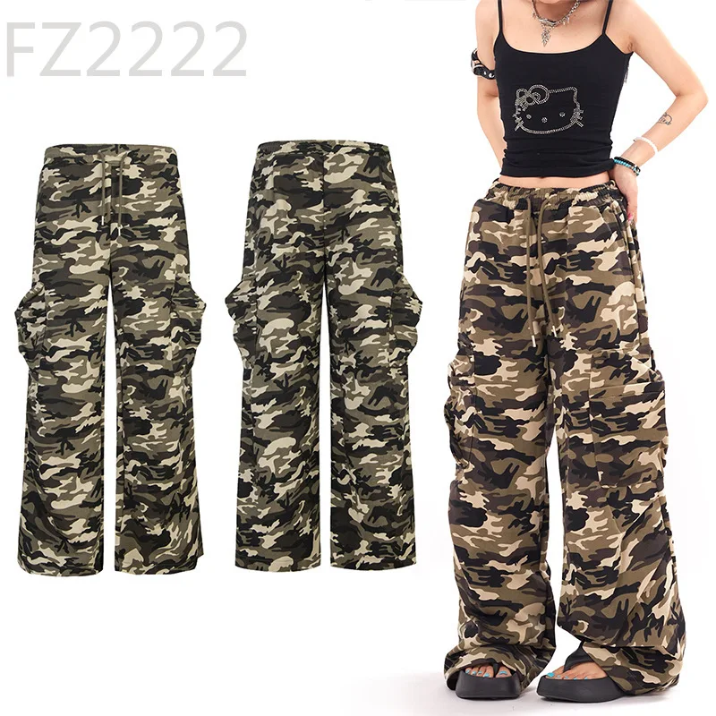 

Camouflage tooling thin drawstring wide-leg pants summer new loose straight pants