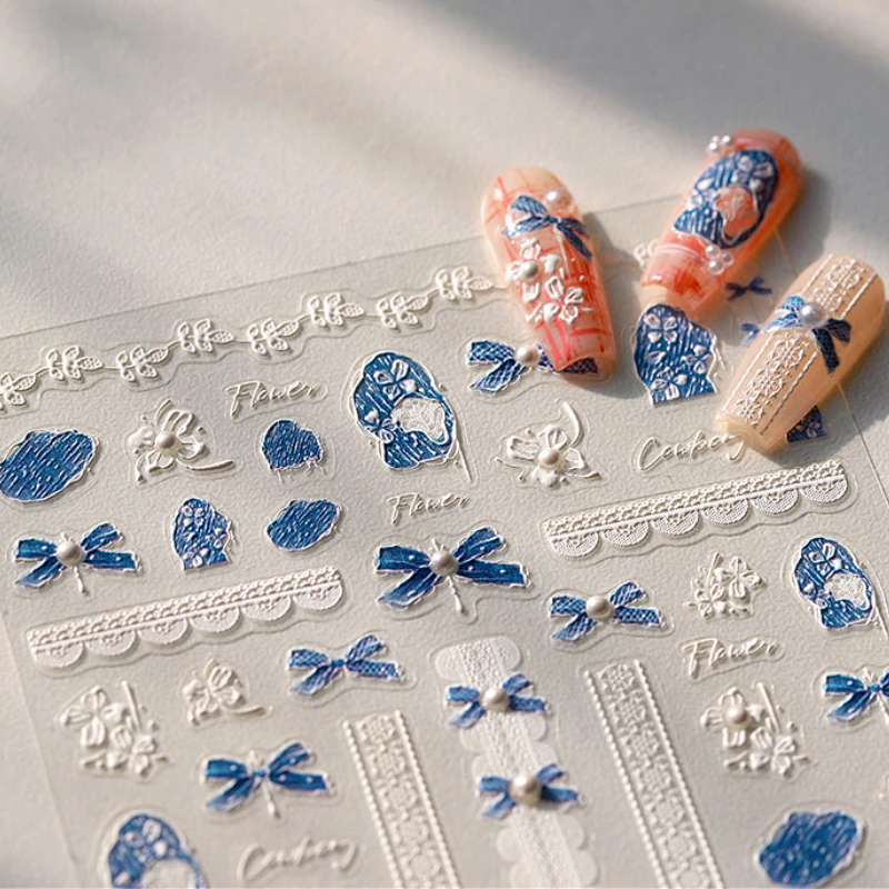 꽃 Bowknot 나비 레즈비언 레이스 Rockery 자갈 데님 색상 5D 양각 구호 접착제 네일 아트 스티커 매니큐어 데칼