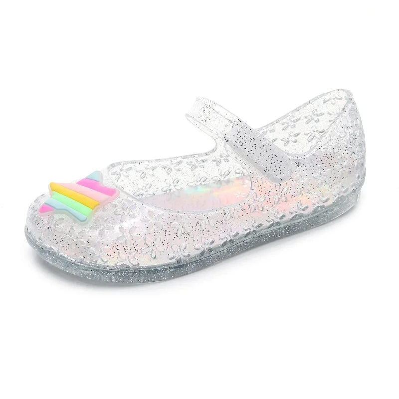 Children's Cute Transparent Sandals Princess Shoes Girls Star Pattern Hollow Out Flower Waterproof Anti Slip Soft Flat Shoes