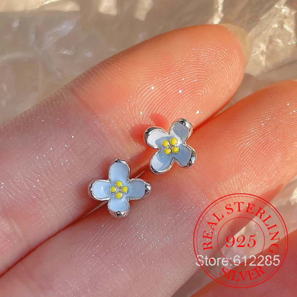 Joyería de plata de ley 925, pendientes simples de flor azul lila para mujer, joyería para fiesta y boda, regalo para Amiga y niña