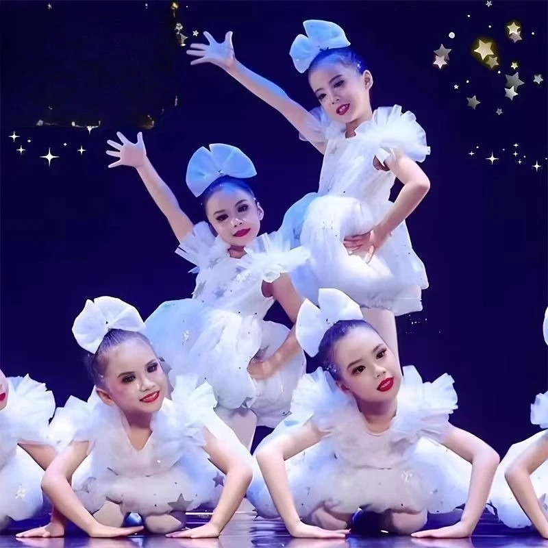Sparkly Star Print Tulle Princess Dress Sleeveless Flounce Skirt Girls Choir Stage Recital Birthday Outfit With Free Headband