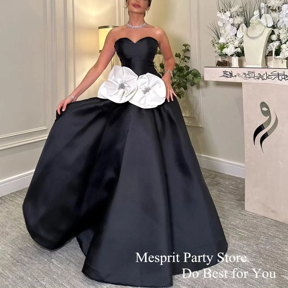 Mesprit Elegant Evening Dress for Woman Sweetheart Sleeveless Big Flowers A Line Satin Black Prom Dresses Princess Party Gown