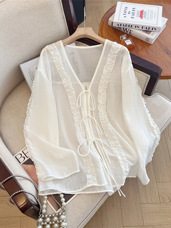 Retro Beautiful Wood ain  Tie V-ne Sun Protection irt Women Summer Thin Loose Long Sve Open Cardigan Top